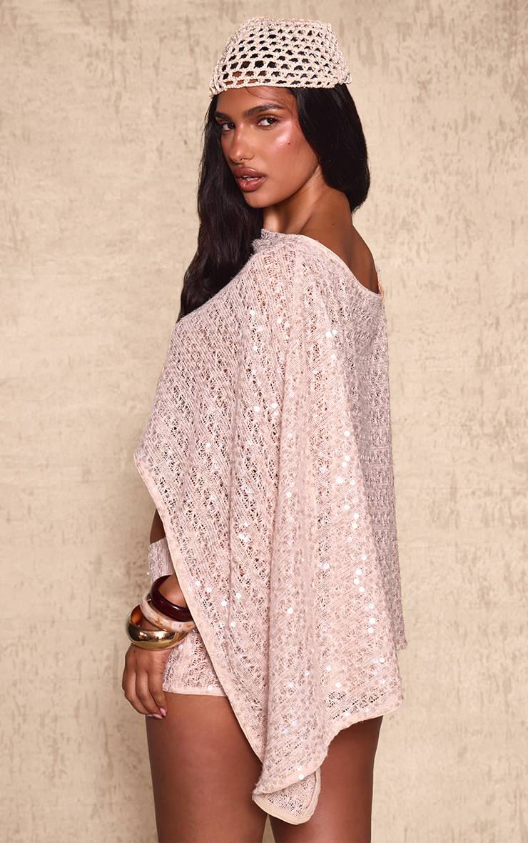Crème Haut Poncho Texturé À Sequins Ensemble Coordonné