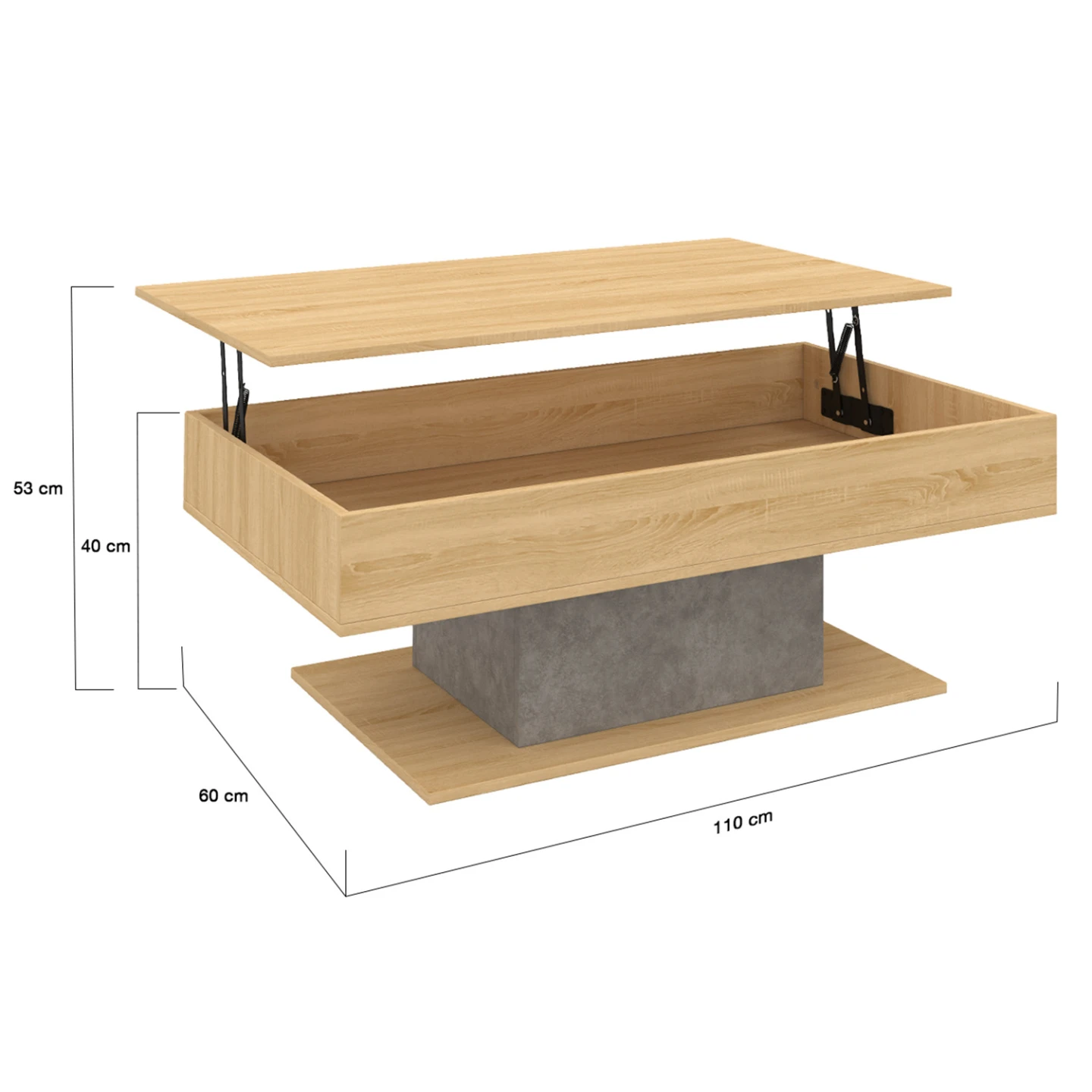 Table basse plateau relevable rectangulaire EDEN bois et effet béton