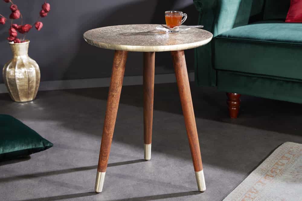 Design Beistelltisch ALCAZAR 50cm antik silber Metall Mangoholz Handarbeit rund