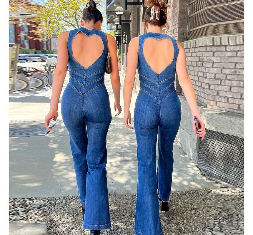 MOONGATE - Mouwloze V-hals denim bootcut jumpsuit met rits