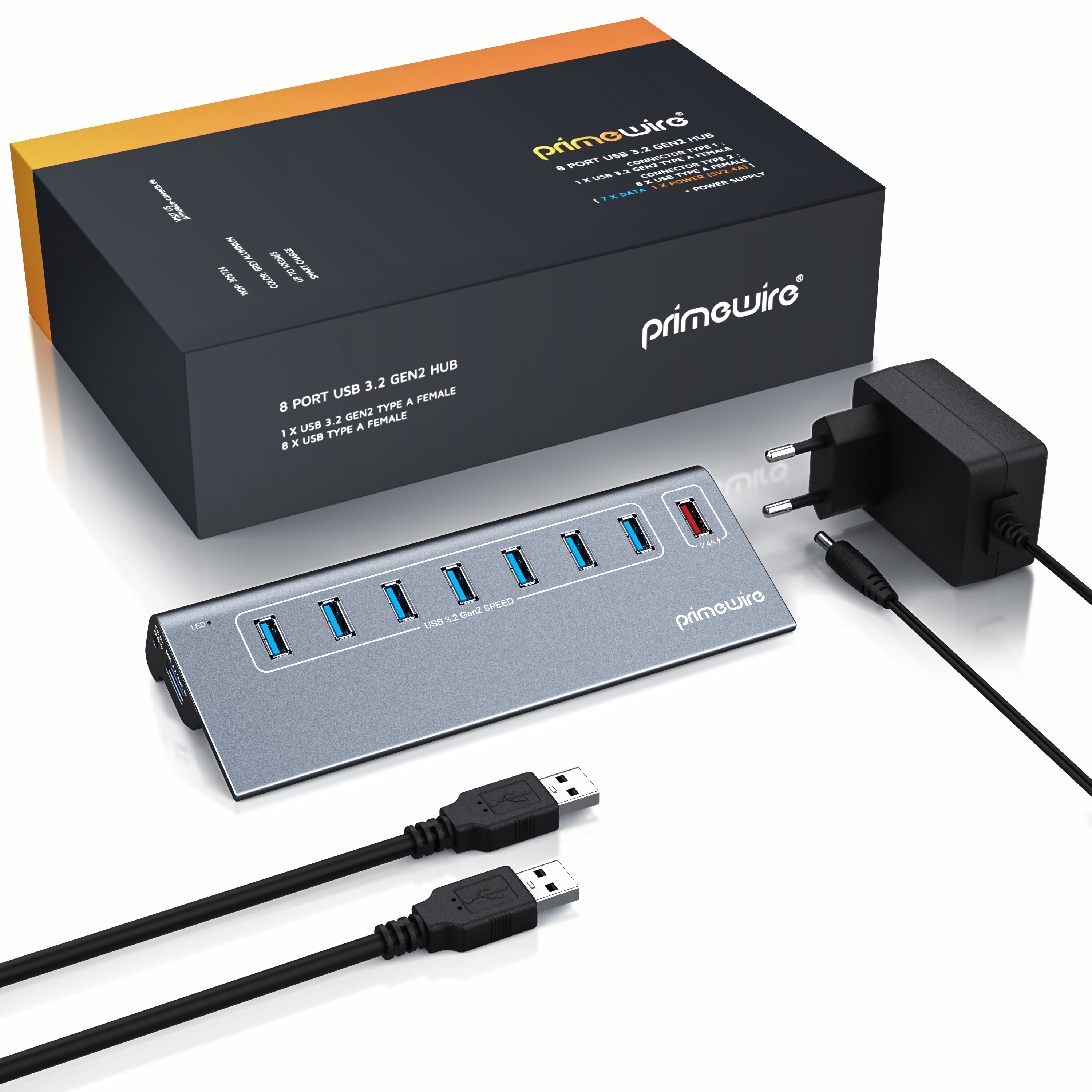 Primewire 8 Port USB 3.2 Gen.1 Port Hub - 8 x USB 3.2 Gen1, Davon 1x USB Ladeport smart Charge - 8 Port Verteiler mit Netzteil - Alugehäuse - für PC