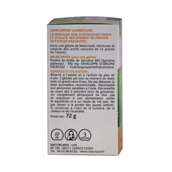 Naturland Spirulina Orgânica 150 cápsulas vegetais