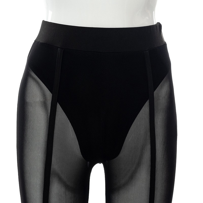 (Gr. S) Transparente High Waist Mesh Leggings Elastische Netz Stretch Hosen - Schwarz