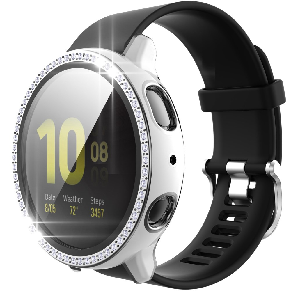 Samsung Galaxy Watch Active 2 (44mm) Galvanisierte Glitzer Strass Bumper Hülle   Display Schutzglas - Weiss / Silber