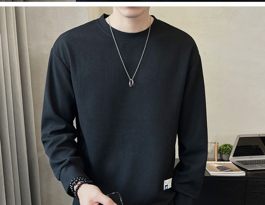 Ninine - Mock Two-Piece Crew Neck Lettering Applique Two-Tone Sweatshirt