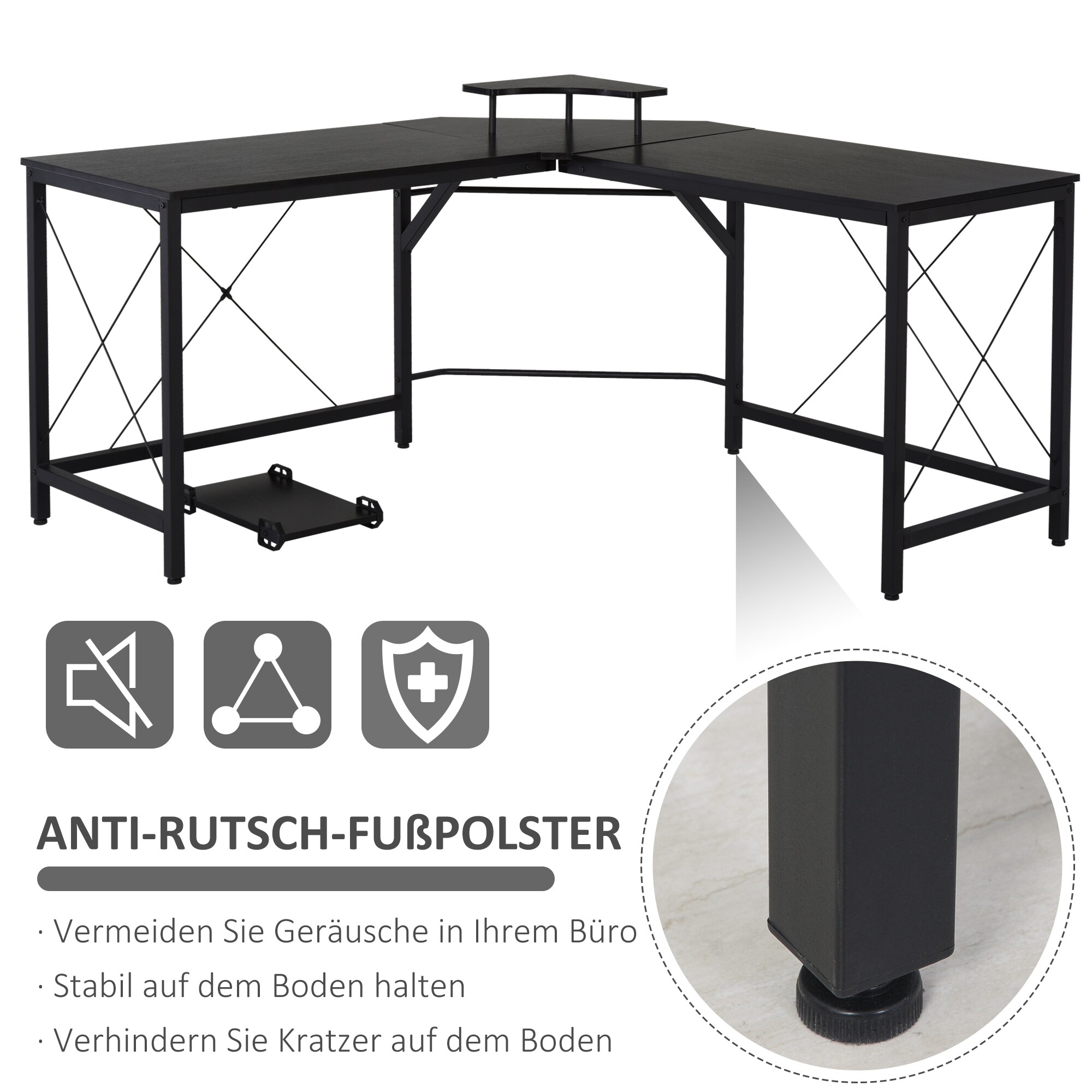 HOMCOM Eckschreibtisch mit Monitorablage schwarz 150L x 150B x 76H cm