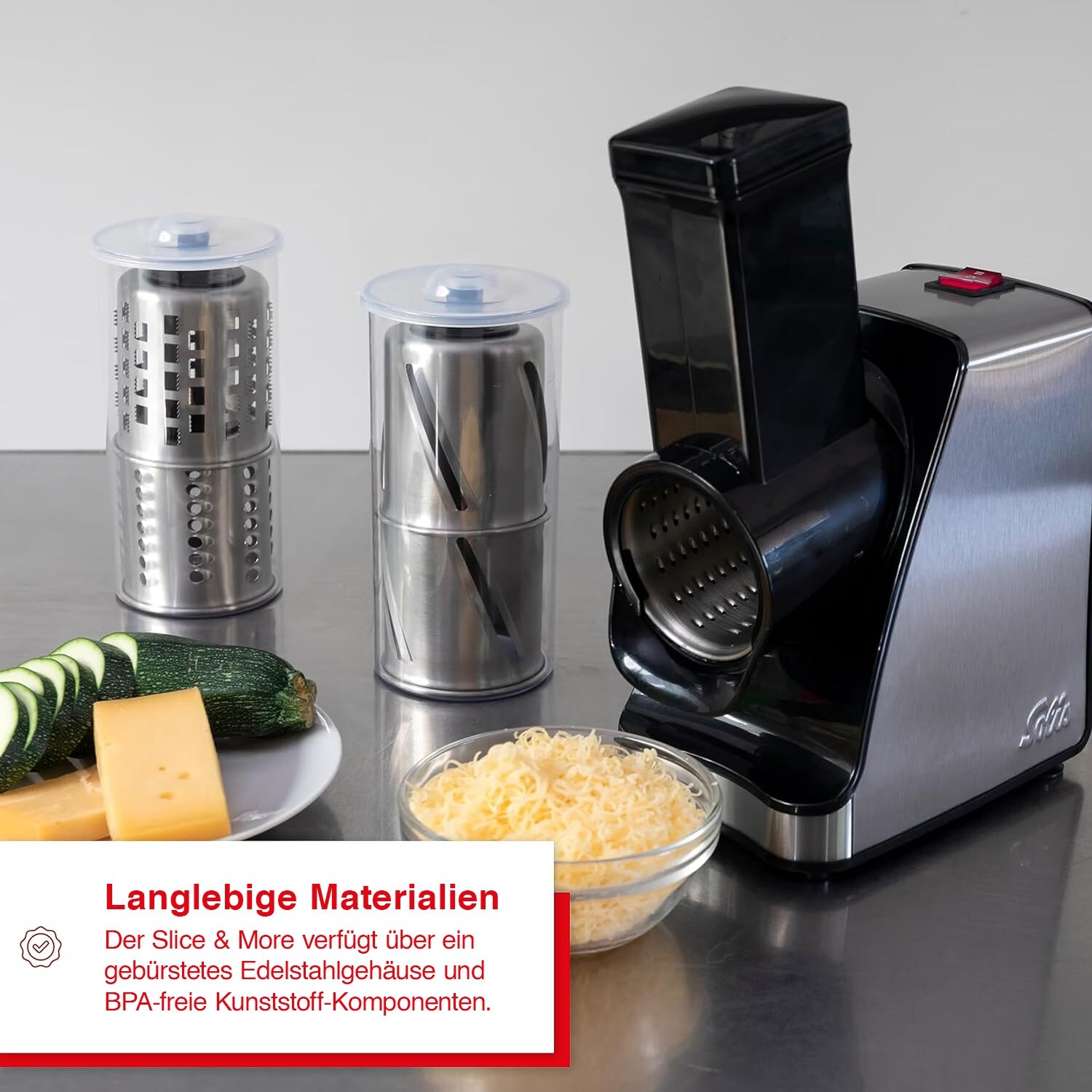 Solis Zerkleinerer 350W, 5 Trommeln Reiben, raspeln, schneiden, mahlen