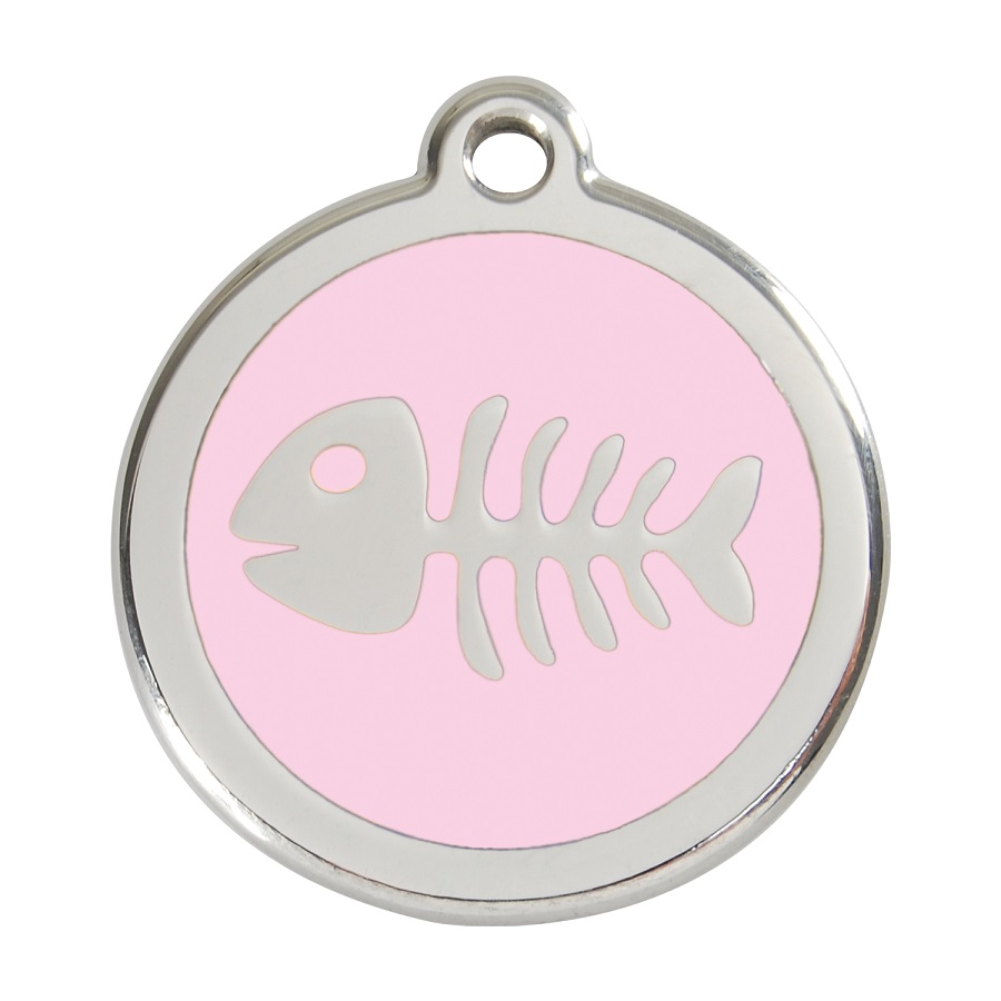 Etiqueta de identificação para cães em aço inoxidável esmaltado rosa com desenho de esqueleto de peixe.