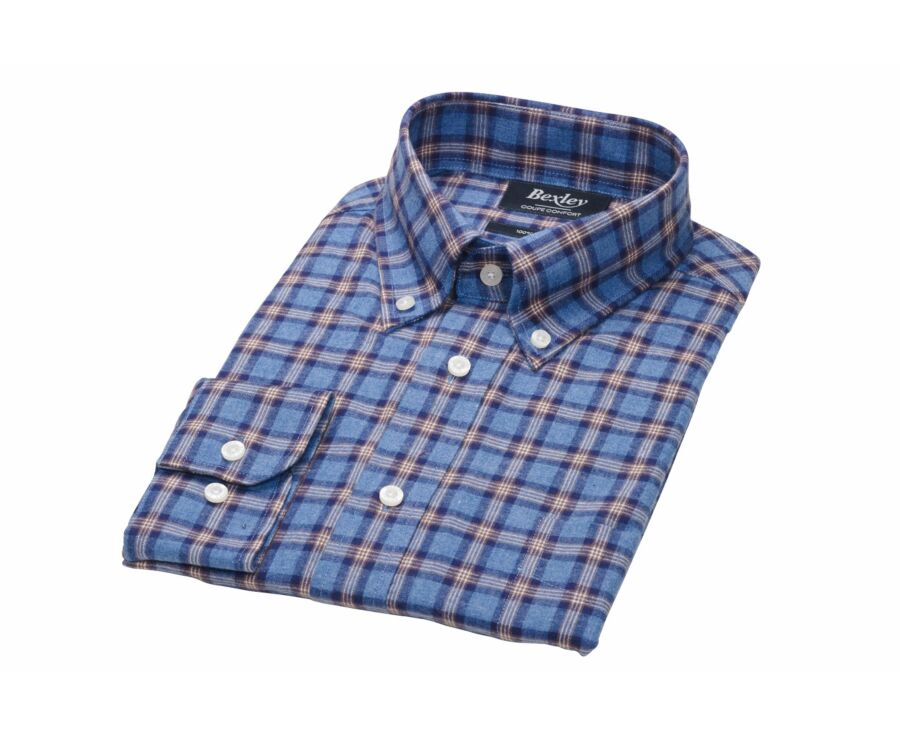 Chemise flanelle Bleue à carreaux navy et camel - FULLER