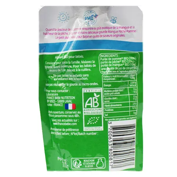 France Bébé Nutrition Bolsa Manga Pêssego Maçã +4m Orgânico 100g