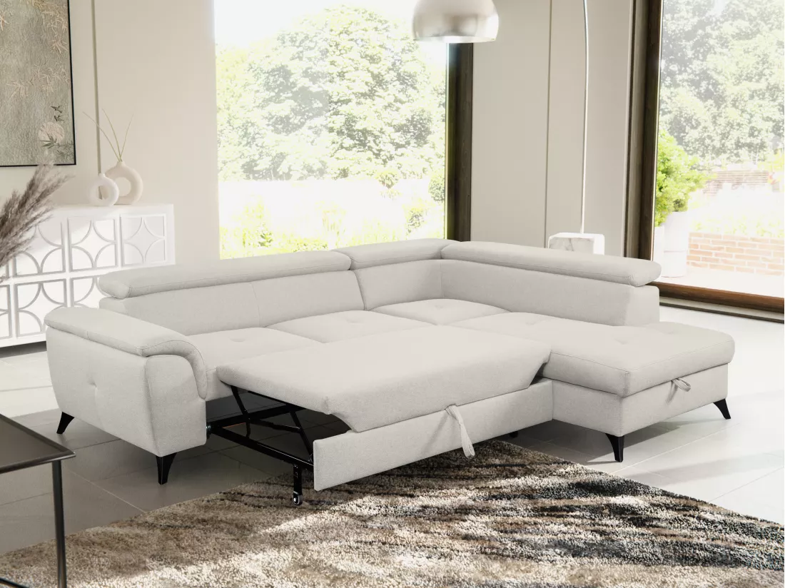 Canapé d'angle convertible droit en tissu beige BORTIGALI