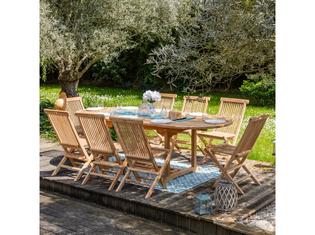 Salon de jardin en teck LOMBOK - table ovale extensible - 8 places - HAPPY GARDEN