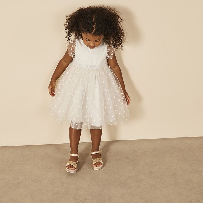 Robe de cérémonie en tulle imprimé cœurs pailletés pour bébé fille - Ecru