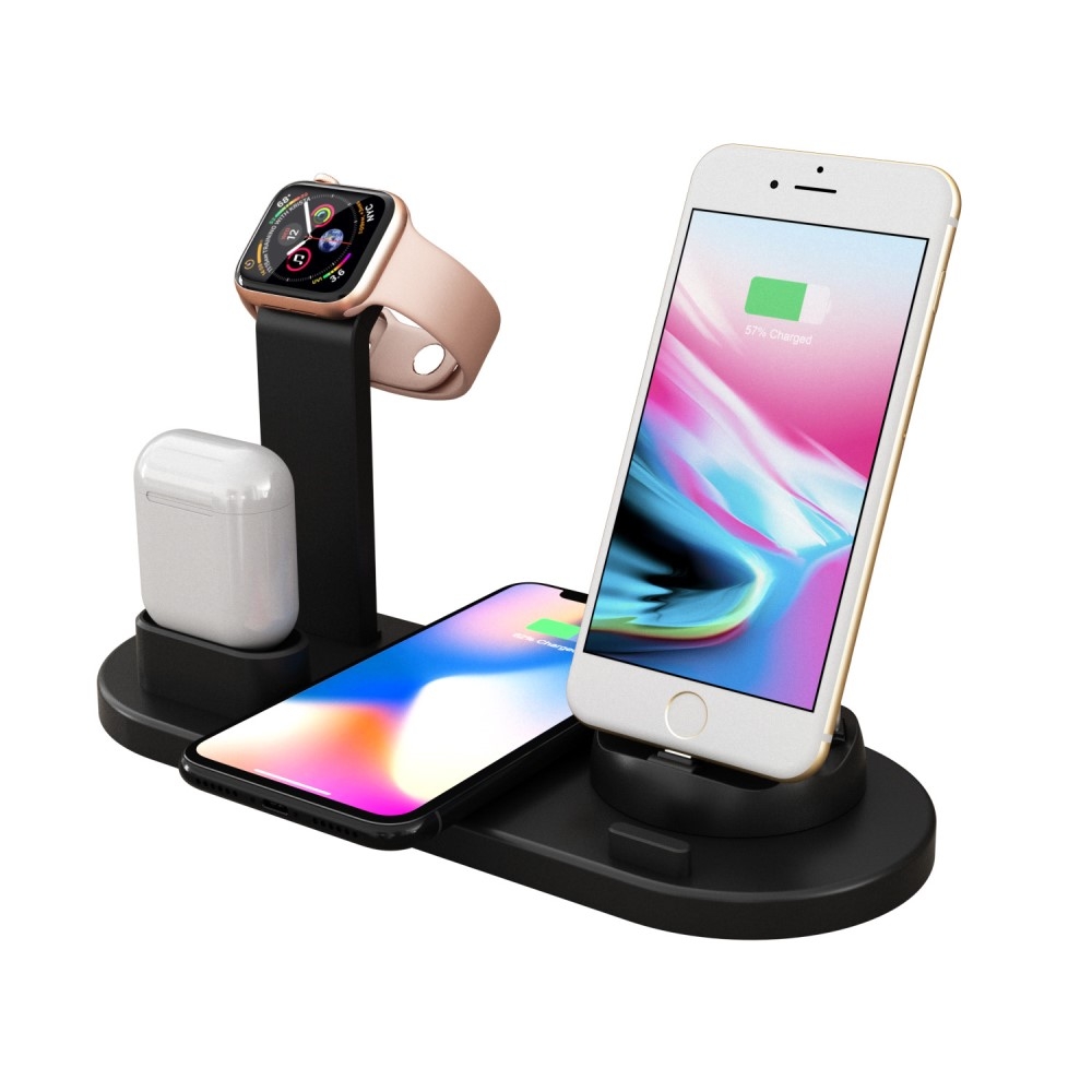 4in1 Apple Watch / Smartphone / AirPods Qi Charging Ständer Dockingstation (Micro USB / USB C / Lightning) - Schwarz