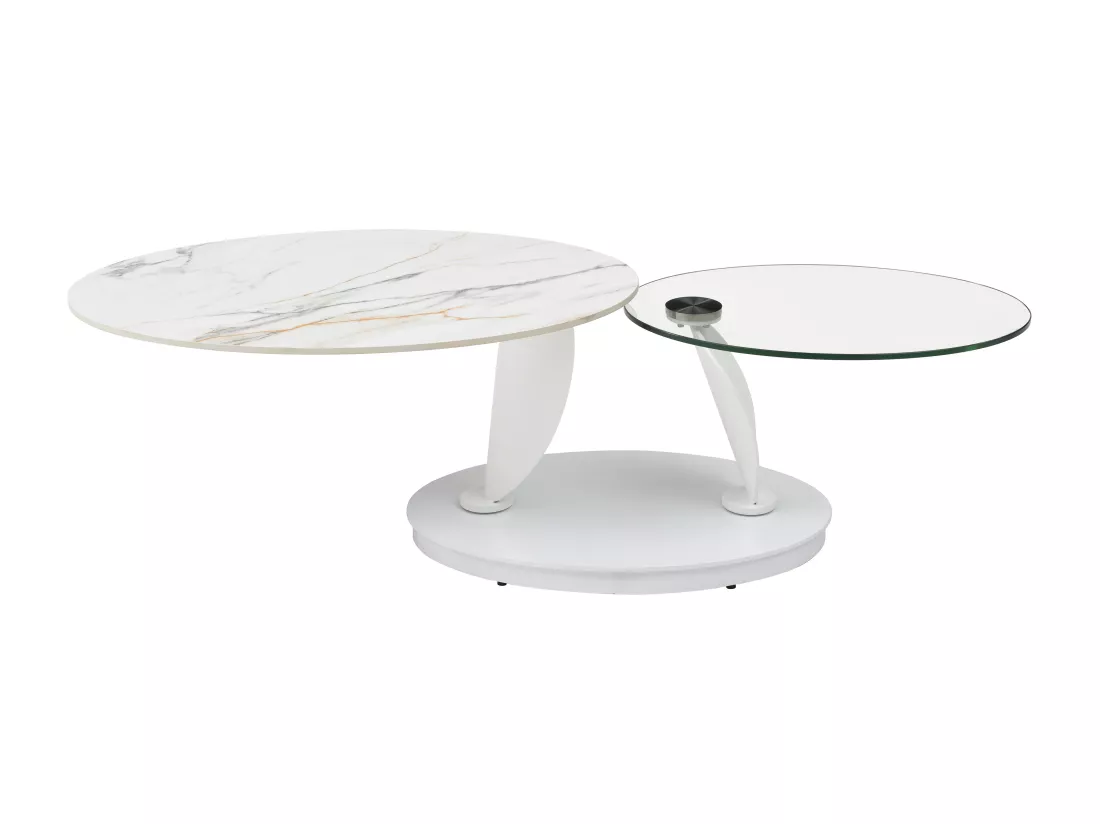 Table basse avec plateaux pivotants en céramique, verre trempé et métal - Effet marbre blanc - MANEYA de Maison Céphy