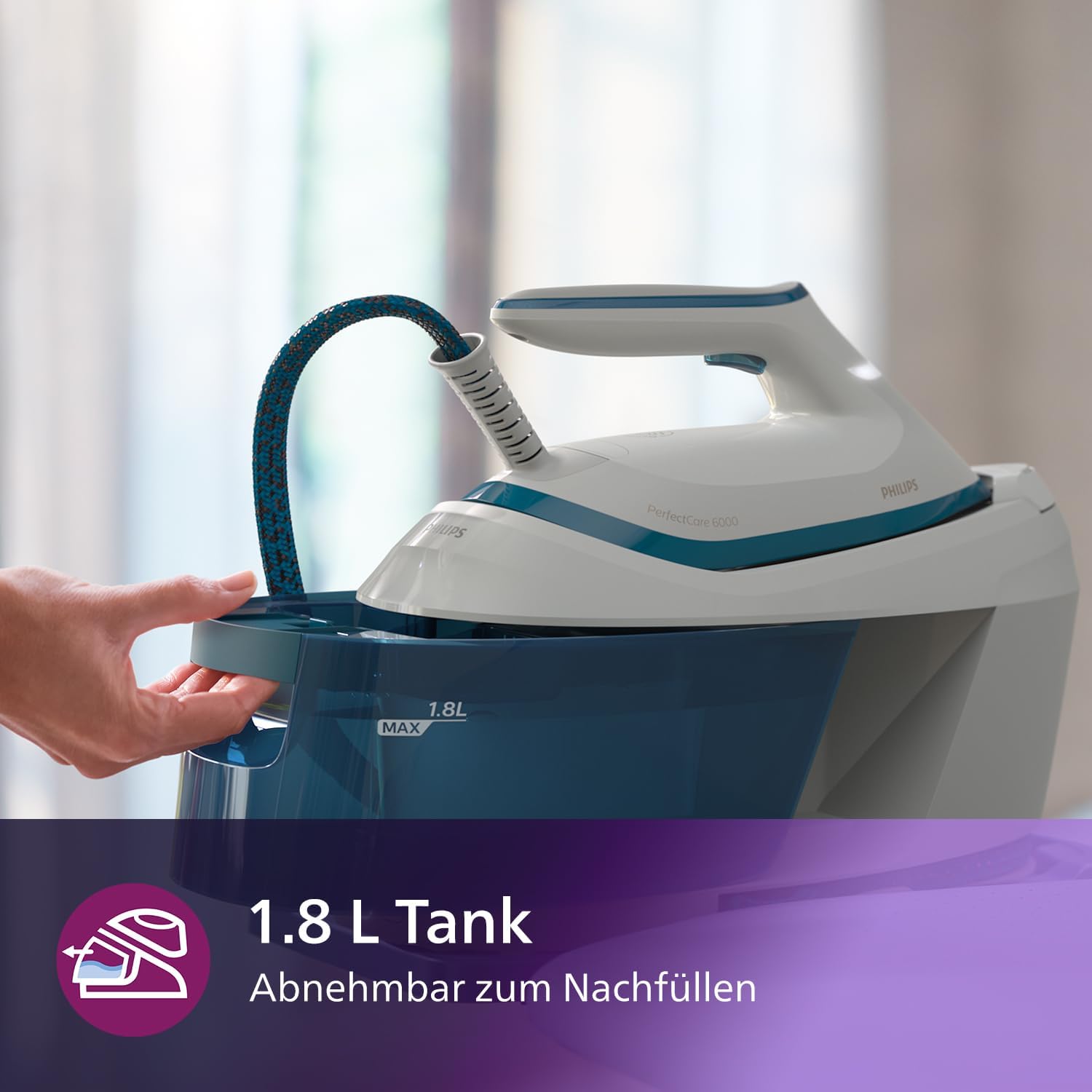 Philips PerfectCare Dampfgenerator der 6000er Serie - 2400 W, 500 g Dampfstoß, 6,5 Bar Druck, OptimalTEMP-Technologie, 1,8-Liter-Tank, Weiß/Blau (PSG6022/20)