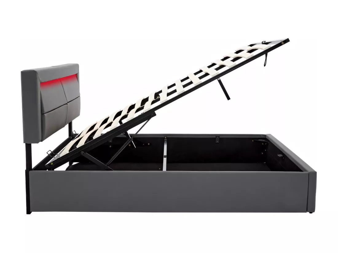 Lit coffre rembourré 160x200cm, avec LED et Port de charge USB/Type-C, charge sans fil, sommier à lattes, Gris