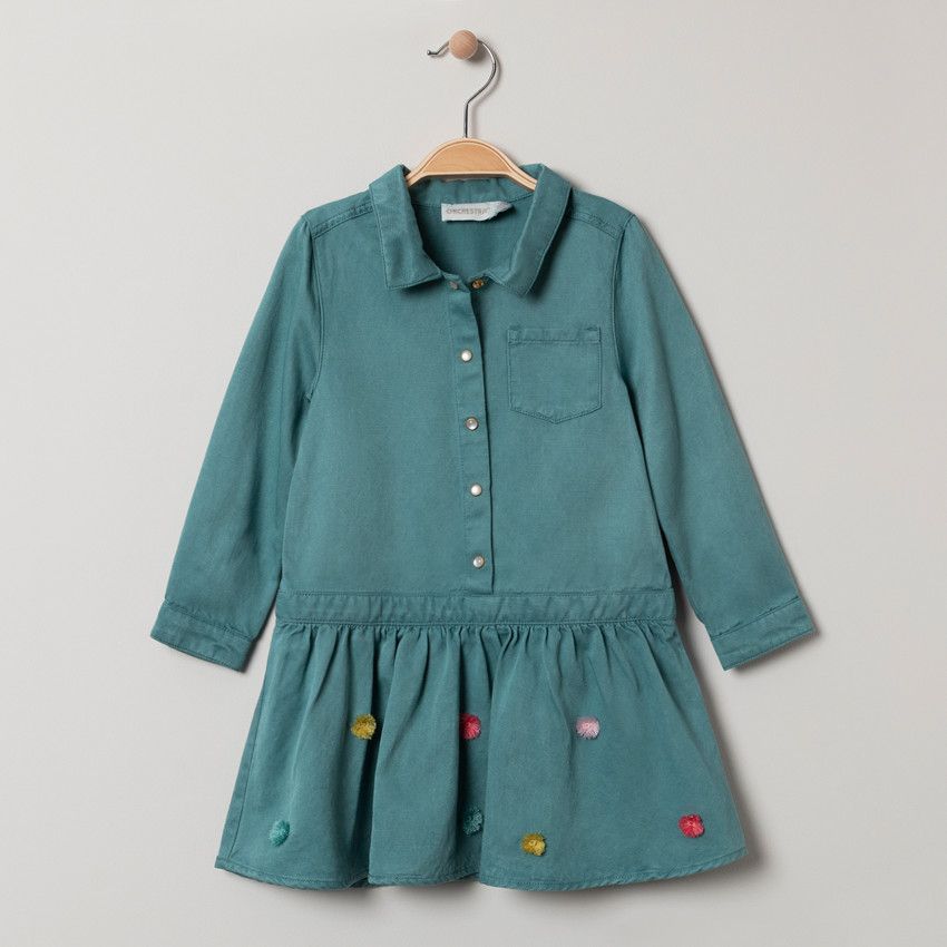 Robe manches longues forme chemise à pompons colorés - Bleu