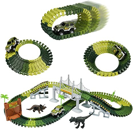 (23-tlg. Set) Flexible Auto Rennbahn Dinosaurier Rennstrecke Spielzeug Dino Park - Grün