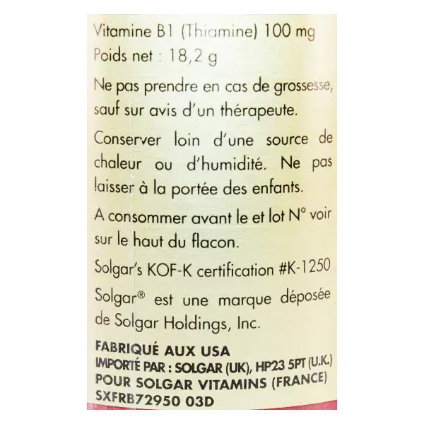 Solgar Vitamina B1 Tiamina 100mg 100 cápsulas vegetais