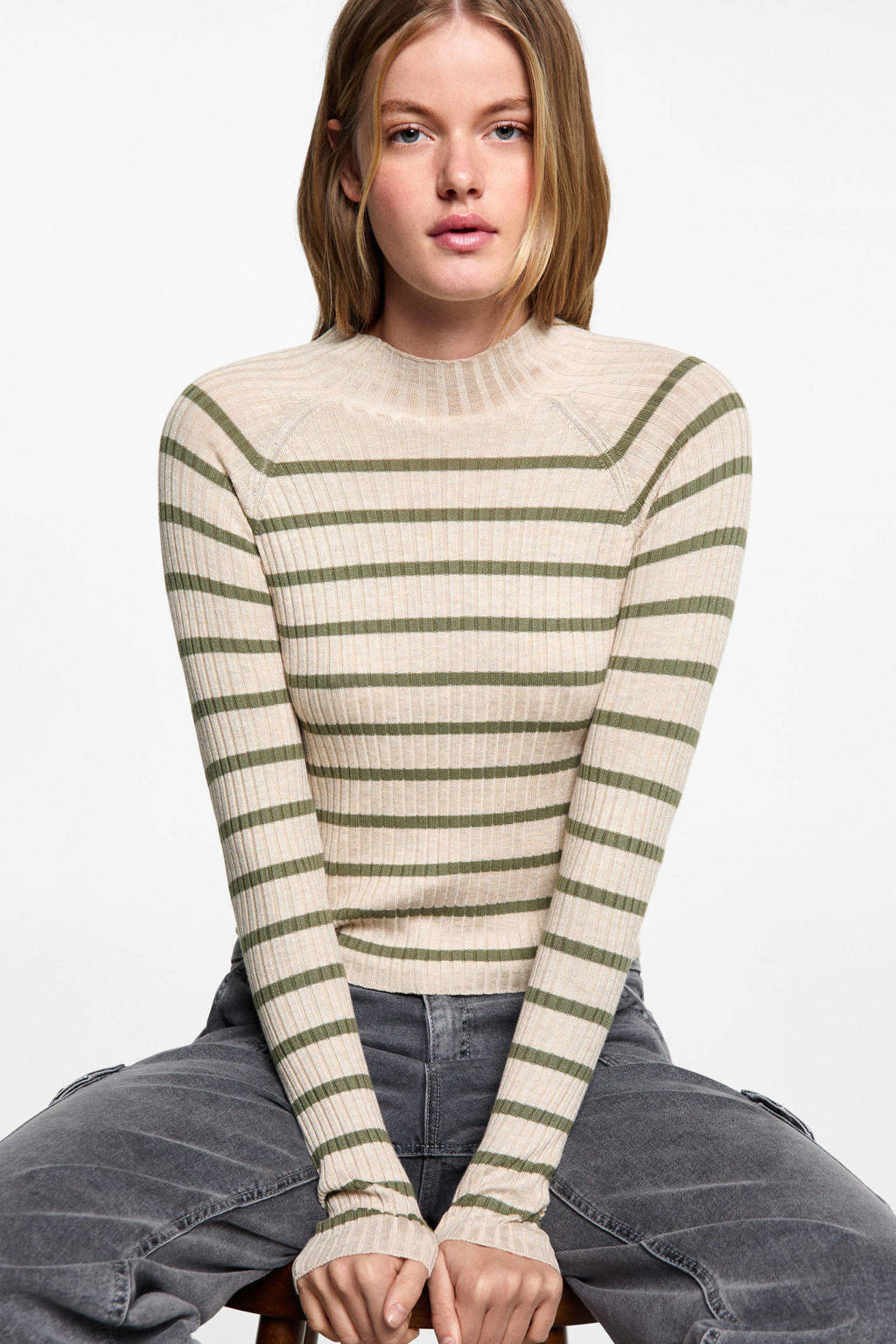 MANGO TEEN trui lichtbruin rib gebreid