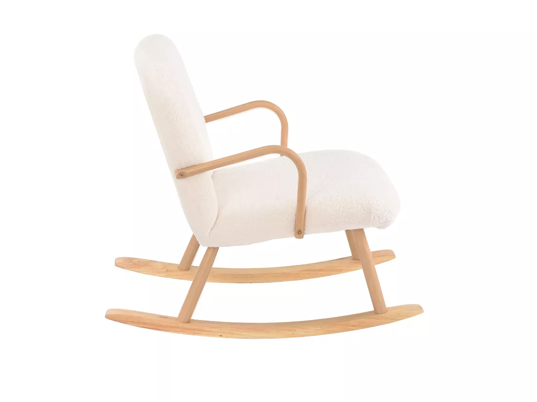 Chaise à bascule avec accoudoirs en bois, structure en acier et pieds en hêtre, Laine d'agneau blanc