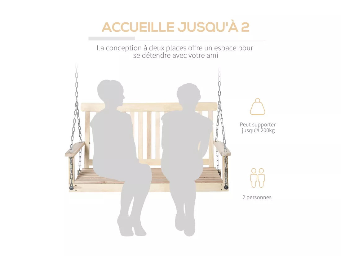 Banc suspendu 2 places en bois - dossier assise à lattes - max. 200Kg - chaînes réglables acier galvanisé