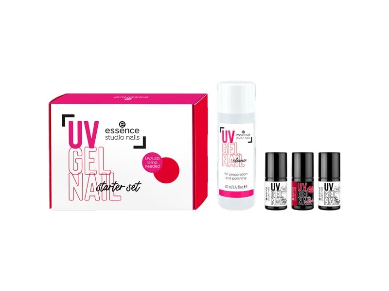 essence Studio Nails UV Gel Nail Starter Set 1 Stück Starter Set bestehend aus einem UV Base Coat, roten UV-Nagellack, UV Top Coat und Nagelreiniger