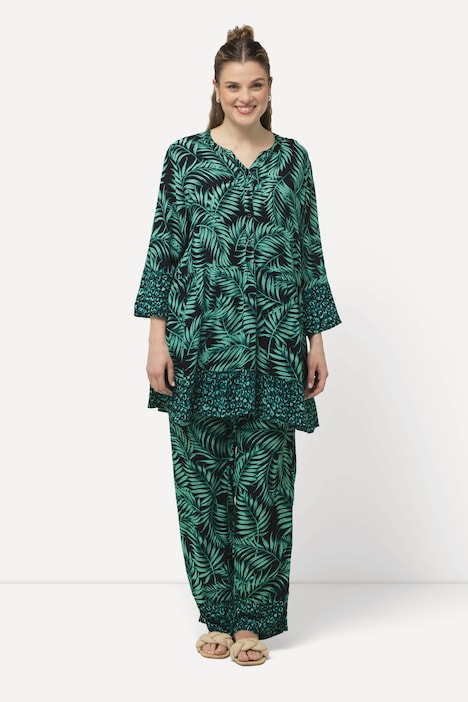 Longbluse, Palmen, A-Linie, Tunika-Ausschnitt, Halbarm