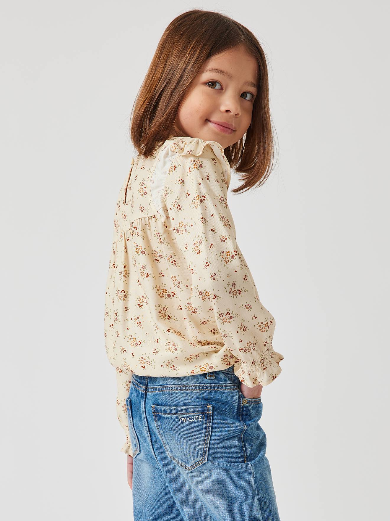 Blusa de manga comprida com flores, para meninas, azul escuro