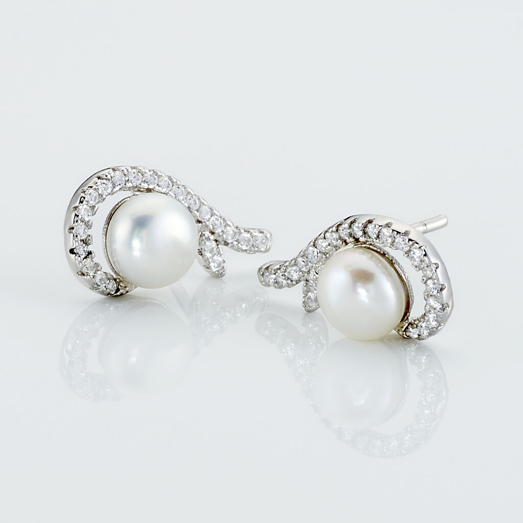 Boucles D'oreilles Puces Cyrana Argent Blanc Perle De Culture Et Oxyde