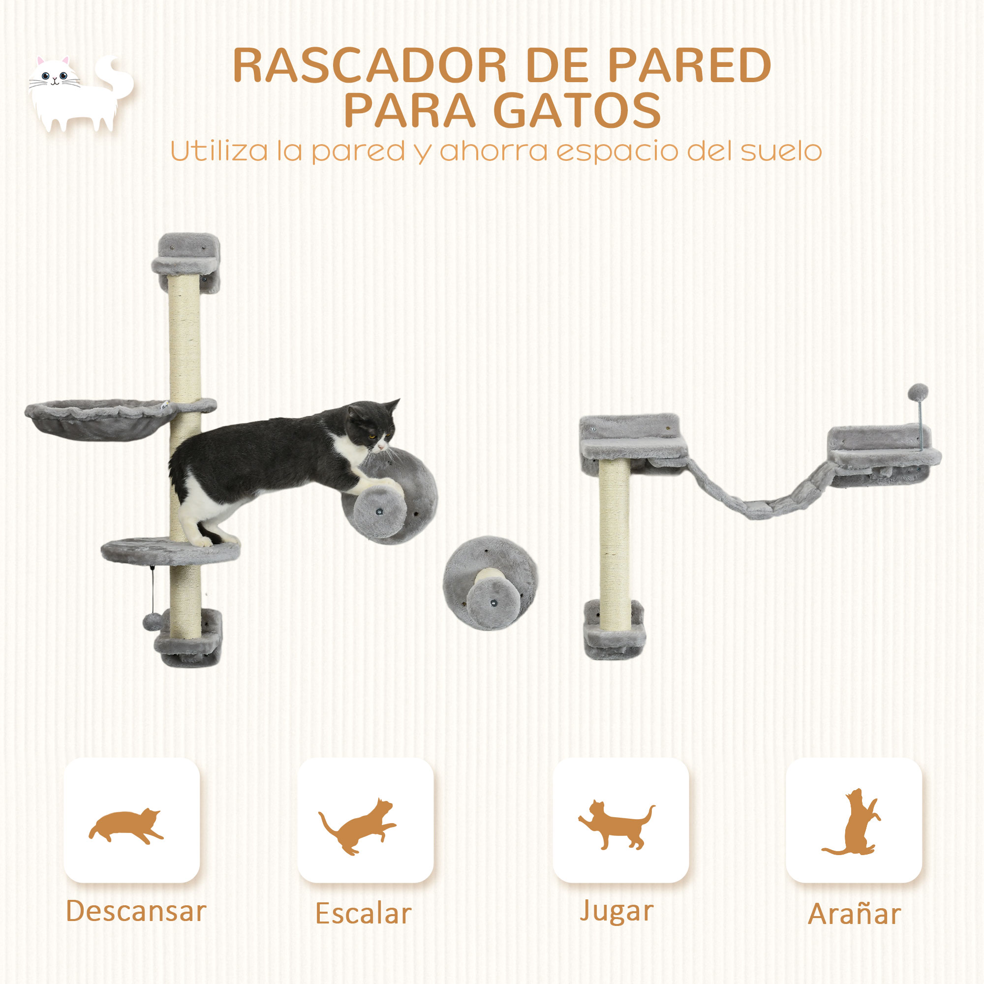 Conjunto de prateleiras de parede PawHut para gatos, com 4 peças, incluindo rede, plataformas de salto, poste de sisal e escada, 84,5 x 19 x 54 cm, cinza e bege.