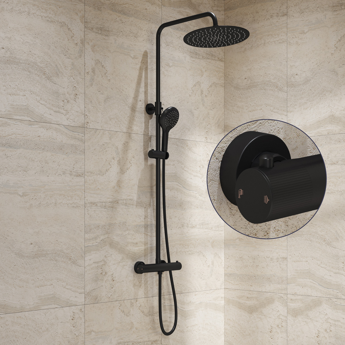 Saniclear Evolution Stripes opbouw regendouche mat zwart met 30cm hoofddouche en 2 standen handdouche