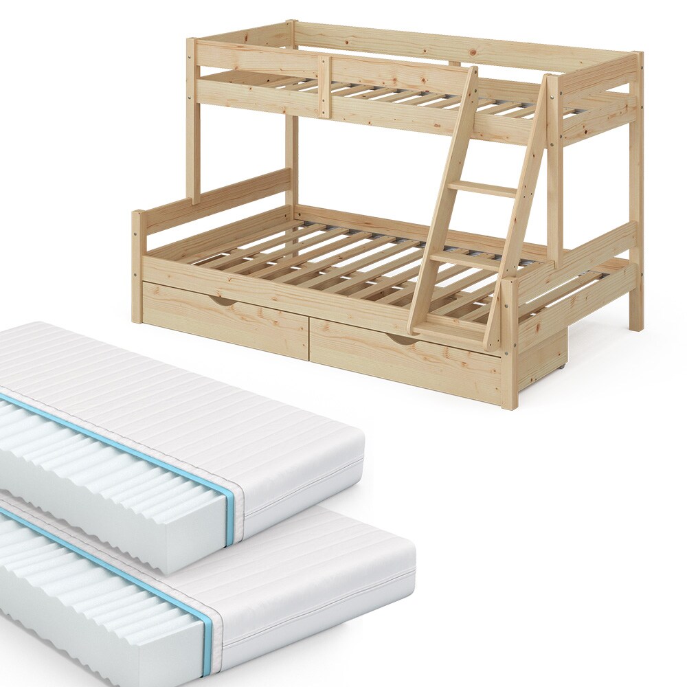 VitaliSpa Hochbett Kinderbett Spielbett Everest Natur modern 120x200 Massivholz Kinderzimmer Bett Lattenrost Bettleiter Kletterbett Doppelbett Geschwisterbett Bettschublade Rollschublade Matratze