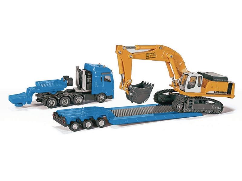 Siku MAN TG-A Schwertransporter mit Liebherr Bagger 1:87 H0 MAN Lastwagen mit Tiefbettauflieger und Liebherr Löffelbagger