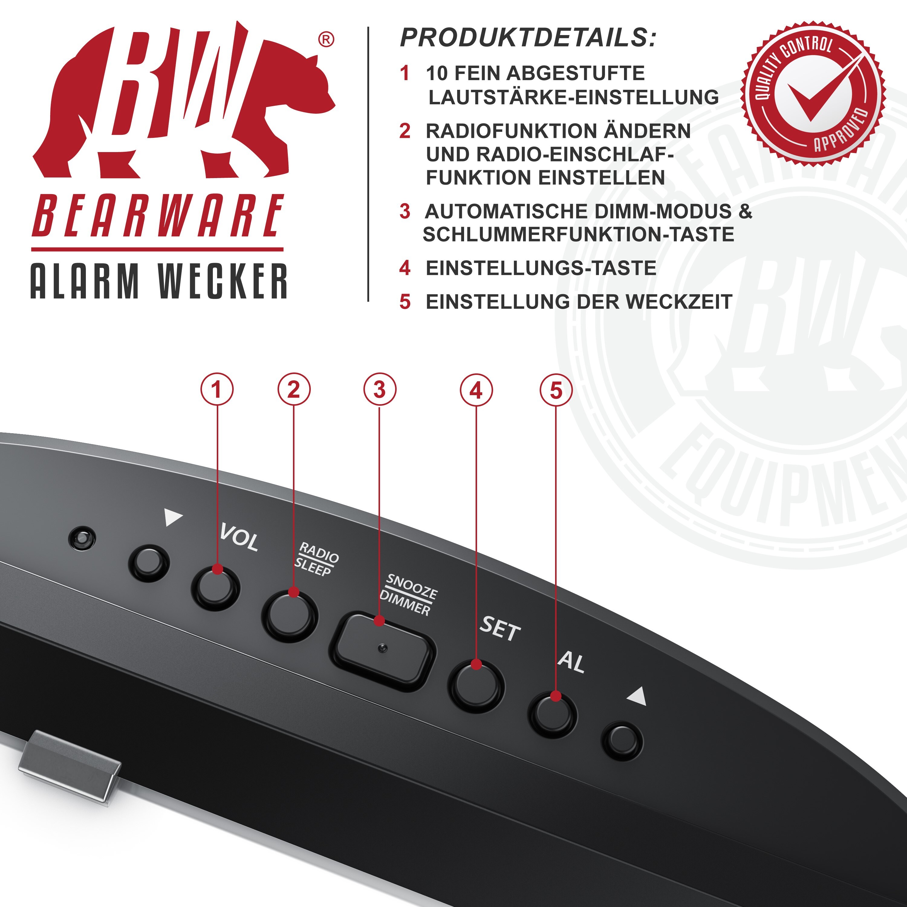 BEARWARE Radiowecker, Digitaler Radio Wecker mit Autodimmer, Snooze, 15 FM Radiospeicher