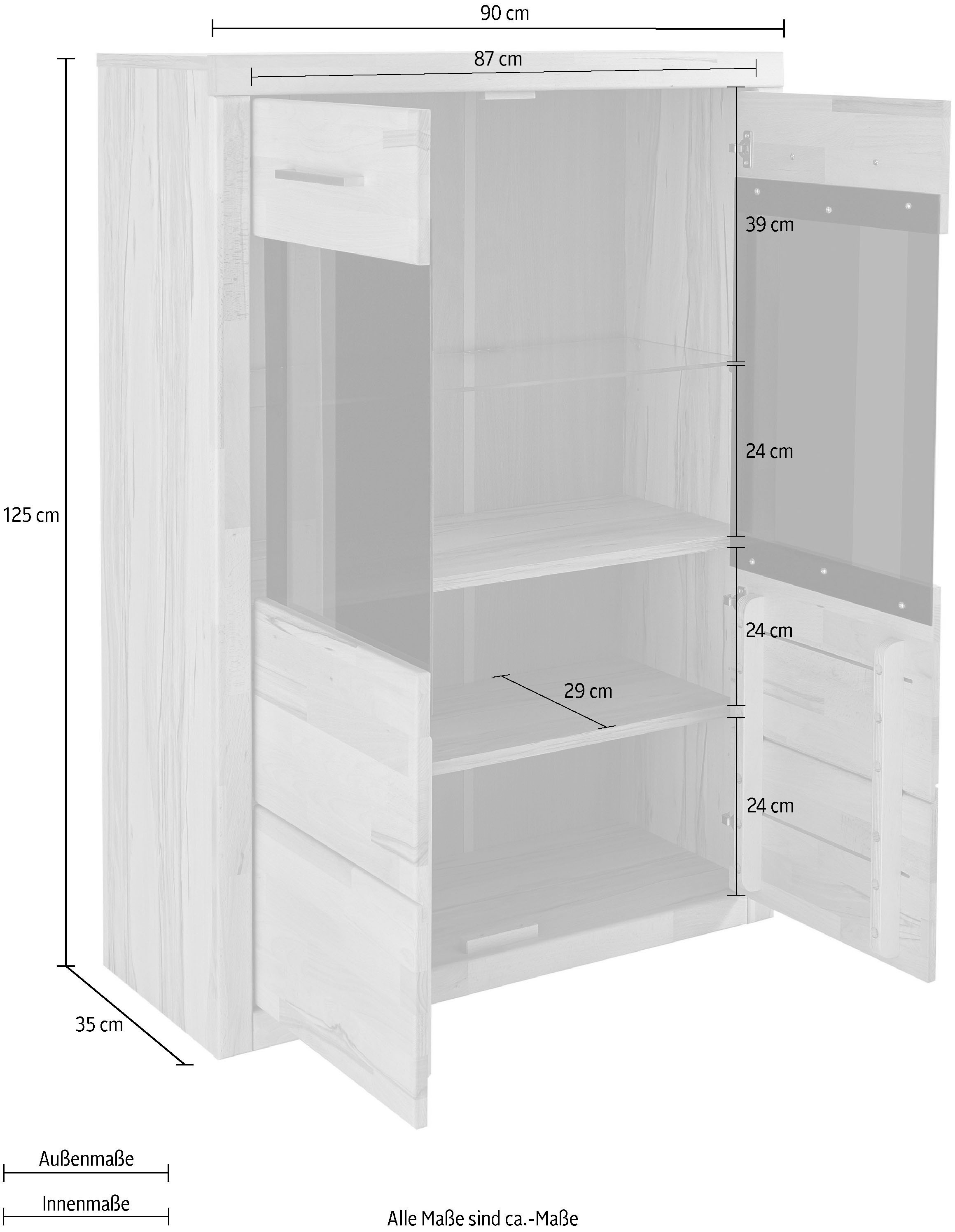 Home affaire Vitrine »Ribe, 125 cm hoch, Fronten Massivholz, 4 breite Fächer« Korpus Holzwerkstoff, 2Türen mit Glaseinsatz, einlegeboden verstellbar