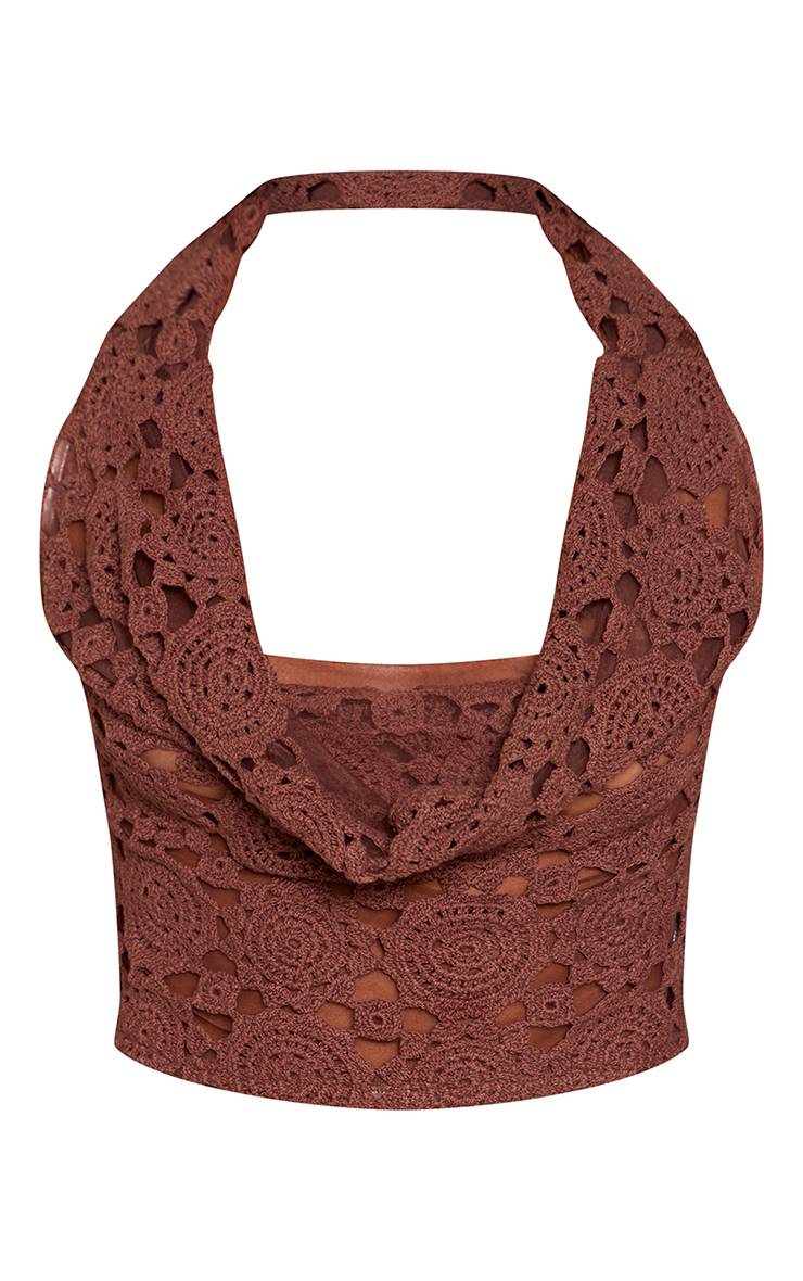 Marron Foncé Ensemble Haut Court Col Bénitier Dos Nu Texturé