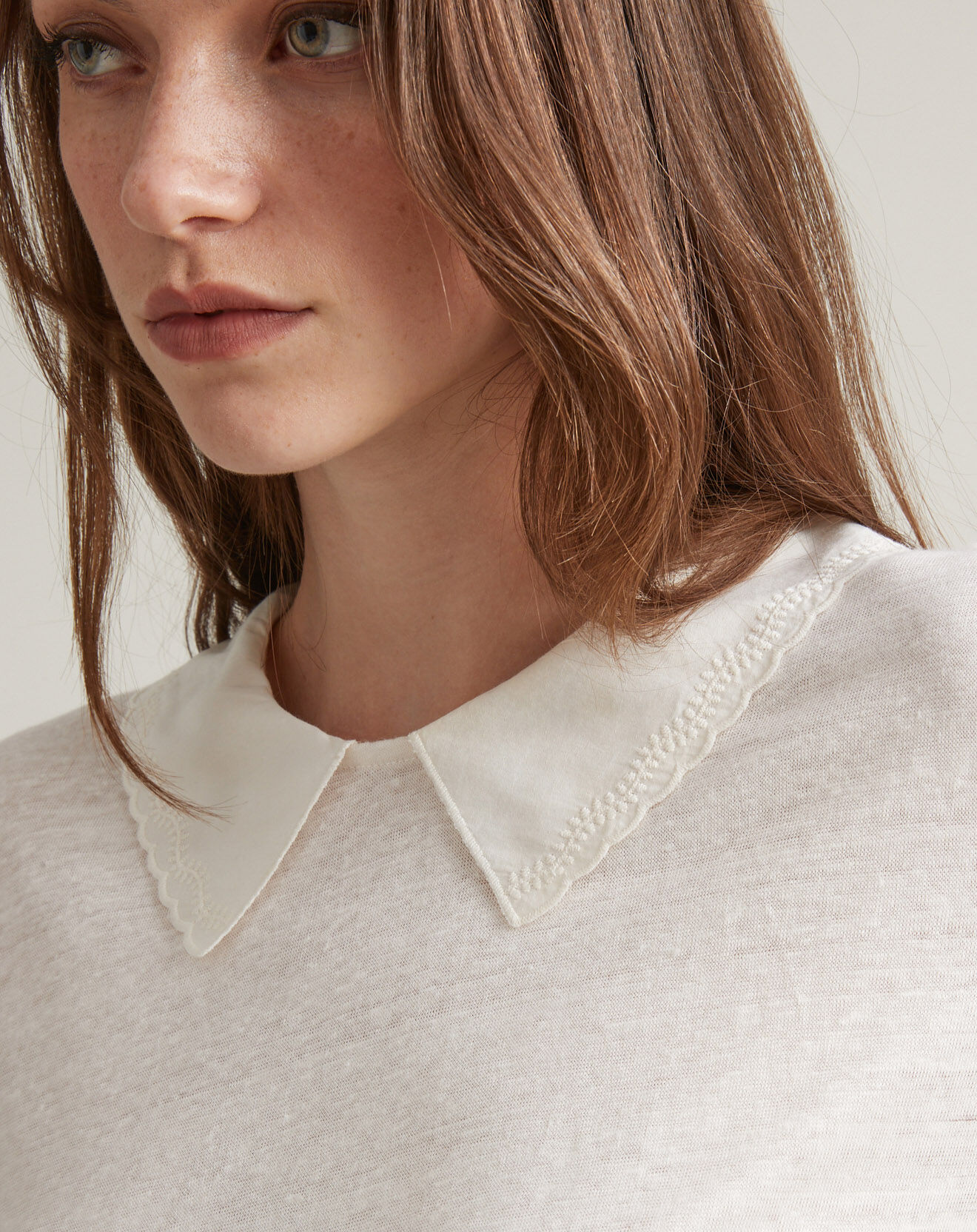 Cyrillus T-Shirt 100% Lin col claudine brodé blanc