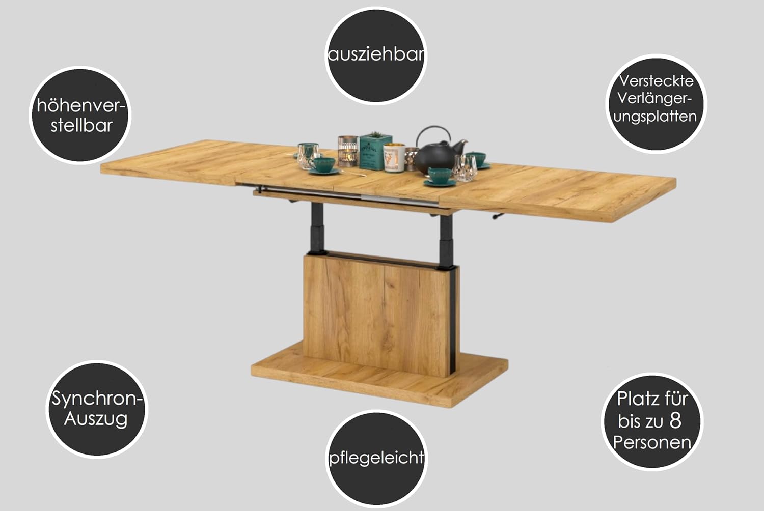 Mazzoni Aston Couchtisch ausziehbar höhenverstellbar 120/200cm in Eiche Halifax modern vielseitig Wohnzimmertisch Esstisch Beistelltisch Sofatisch platzsparend hochwertig Wohnzimmer