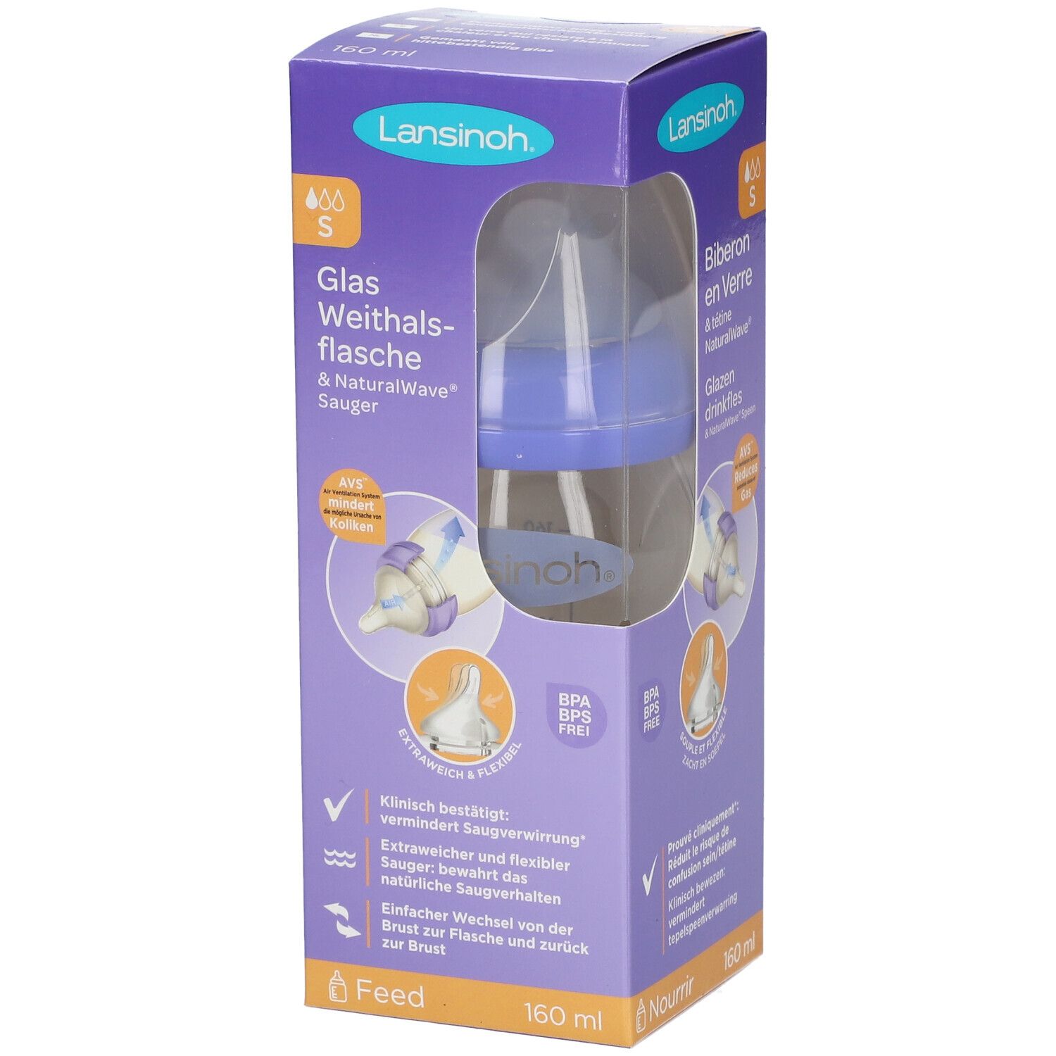 Lansinoh mOmma Glas Babyflasche 160ml mit Natural Wave Silikonsauger S