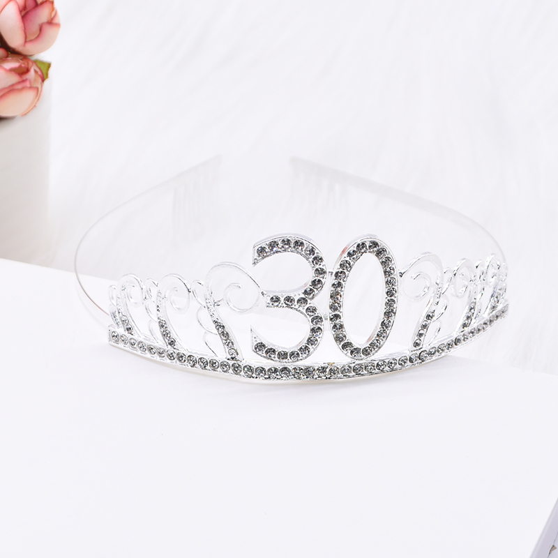 (Ø12cm) Glitzer Birthday Party Krone 30. Geburtstag Diadem Accessoire mit Strasssteinen - Silber