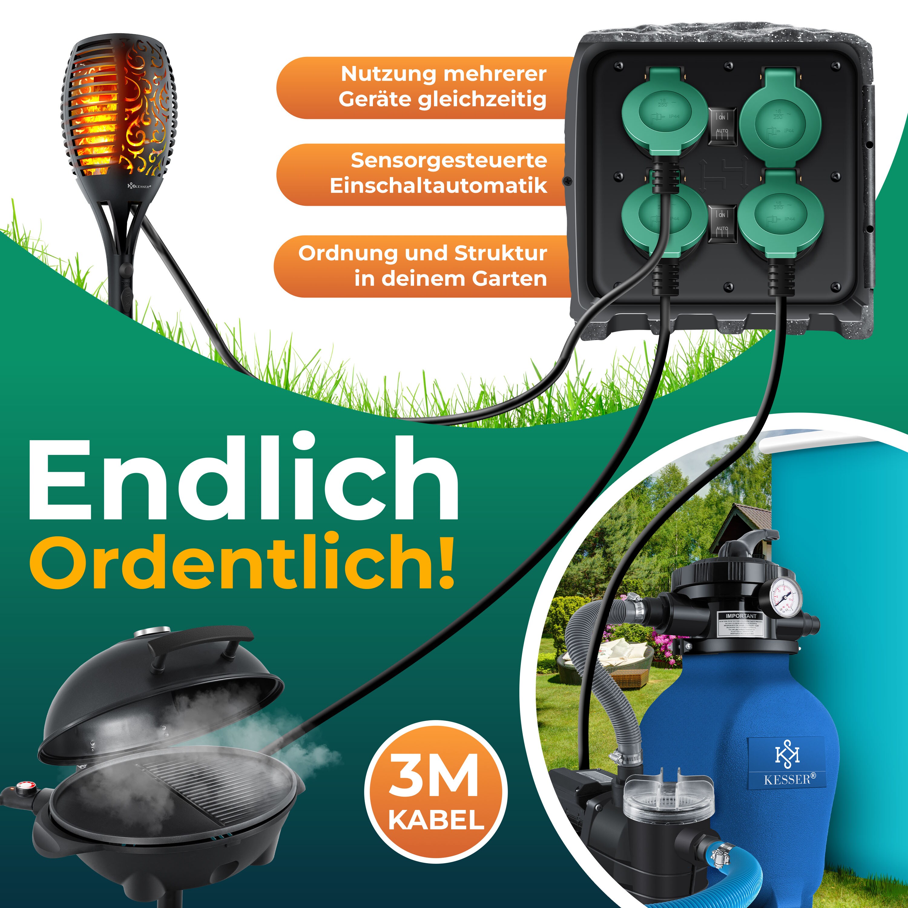 KESSER® Gartensteckdose Steinoptik mit 4 Steckplätzen - mit WiFi Funktion Steuerung per App - Inkl.Erdspieß, Mehrfachsteckdosen aussen mit 3m Verlängerungskabel Außensteckdose IP44 Dämmerungssensor