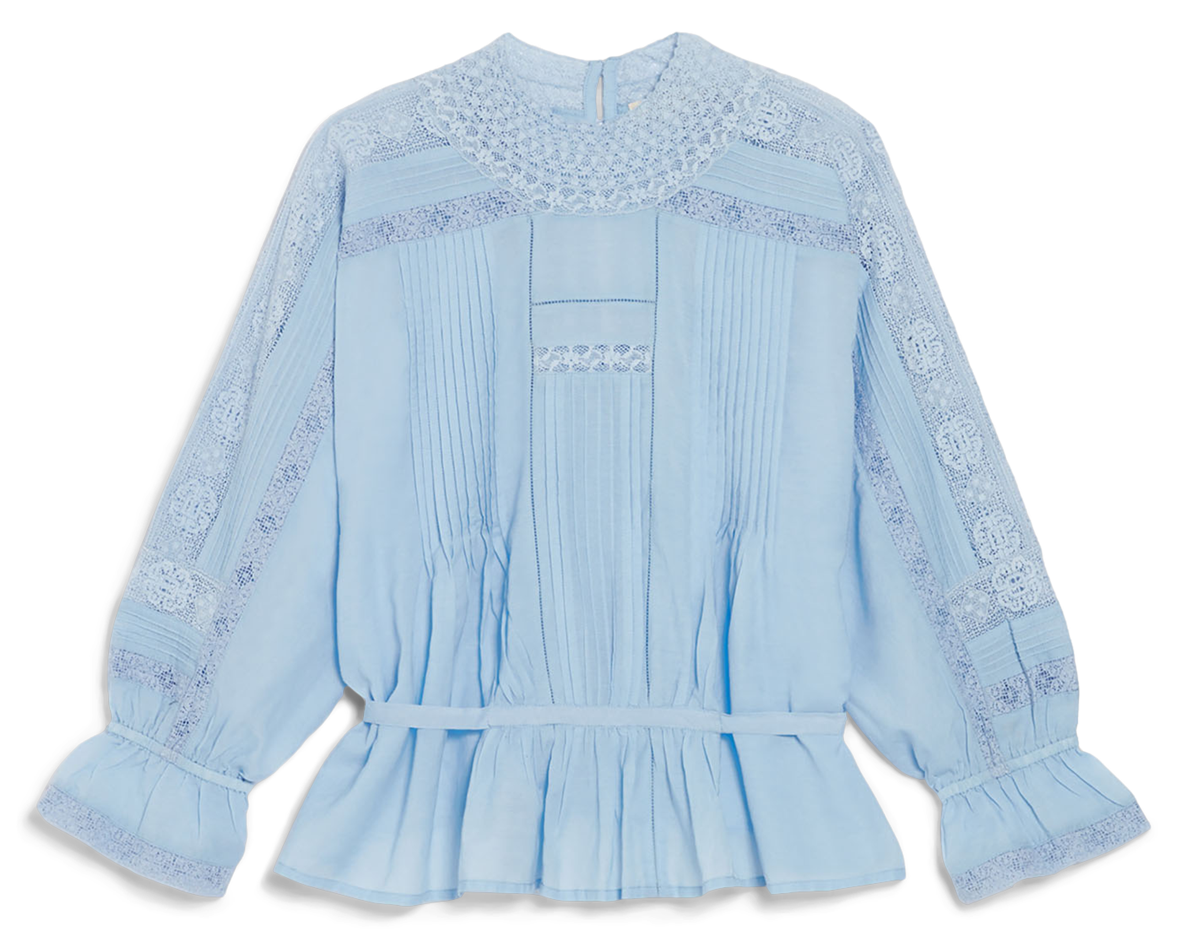 VIVA - Blouse col rond en dentelle et coton mélangé| Bleu