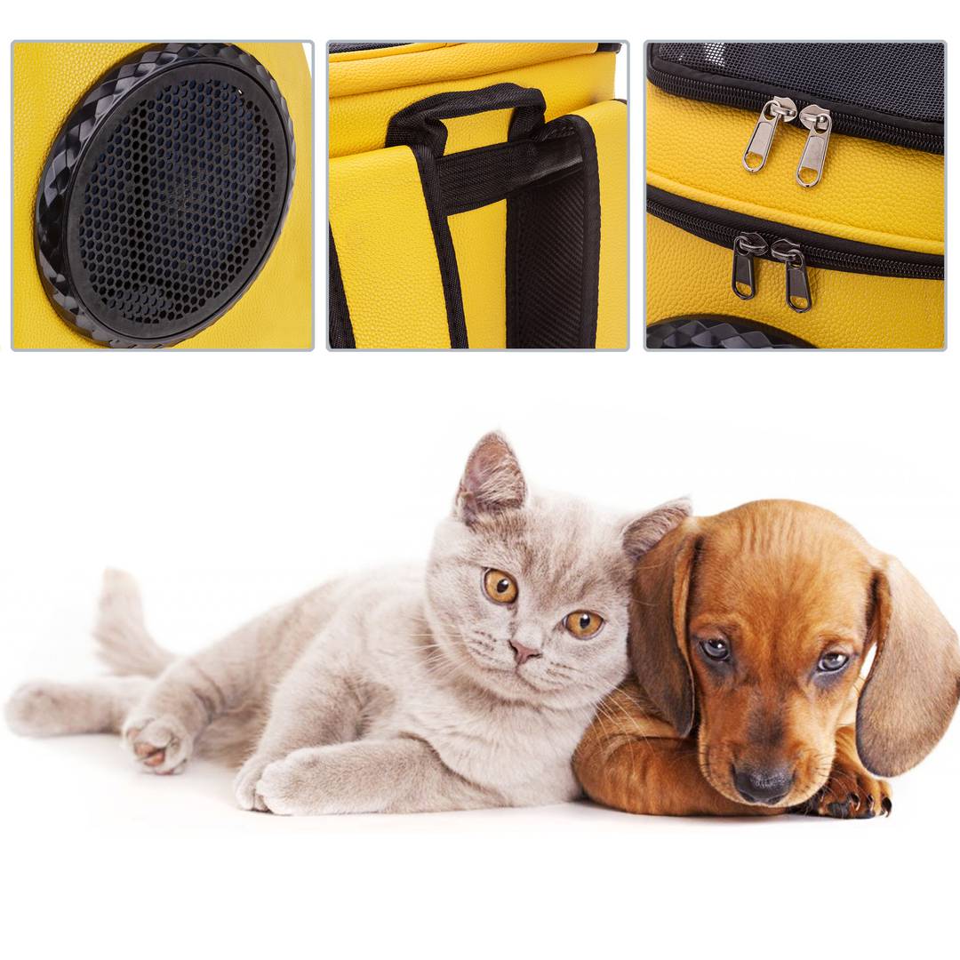 Mochila transportadora para cães e gatos, em couro sintético, preta.