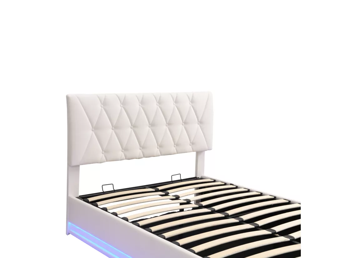 Lit coffre 140x200 cm avec tête de lit diamant, éclairage LED et coffre de lit, relevage hydraulique, sommier à lattes, lit adulte style contemporain, simili cuir - Blanc