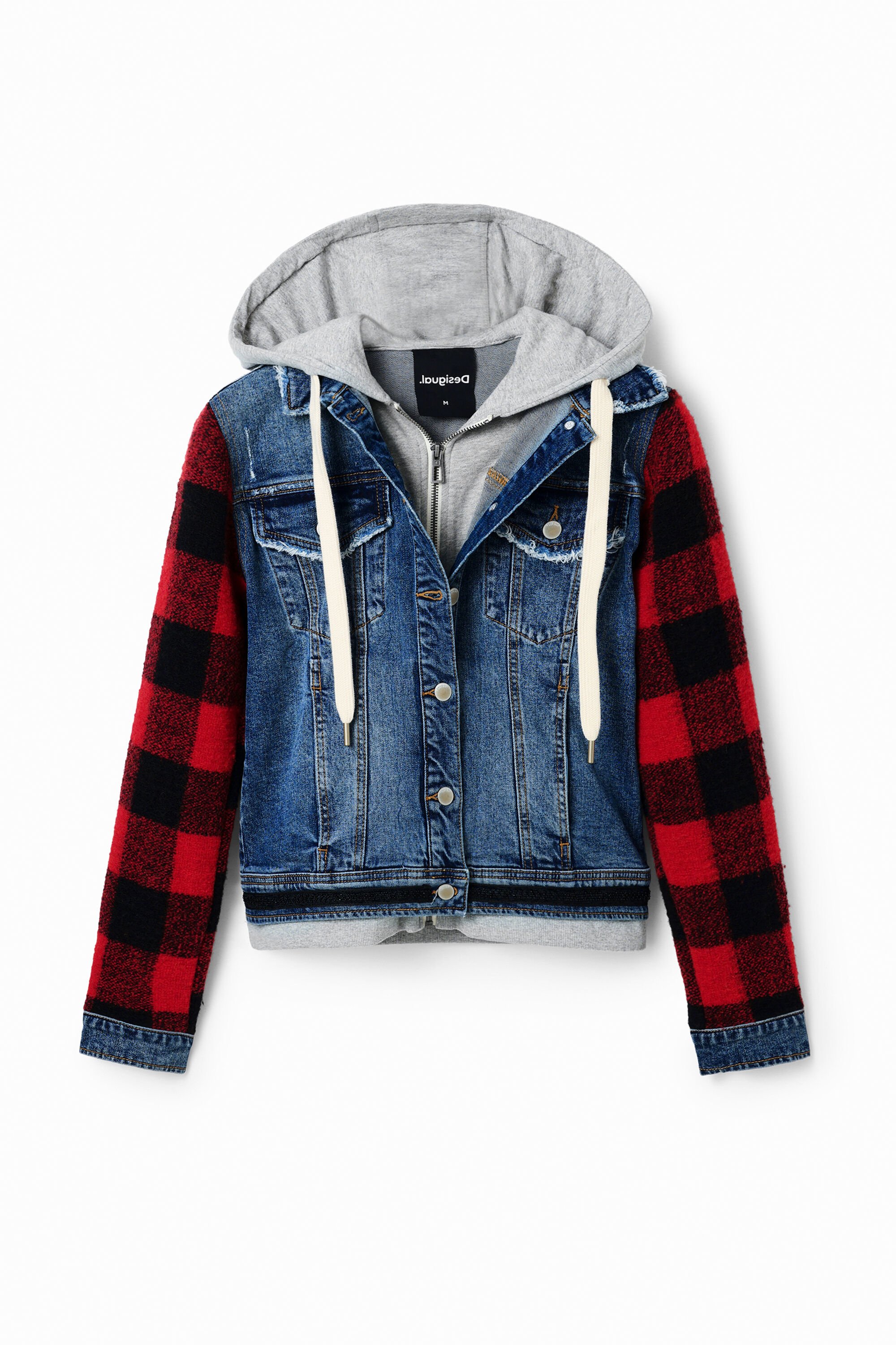 Veste en jean manches à carreaux