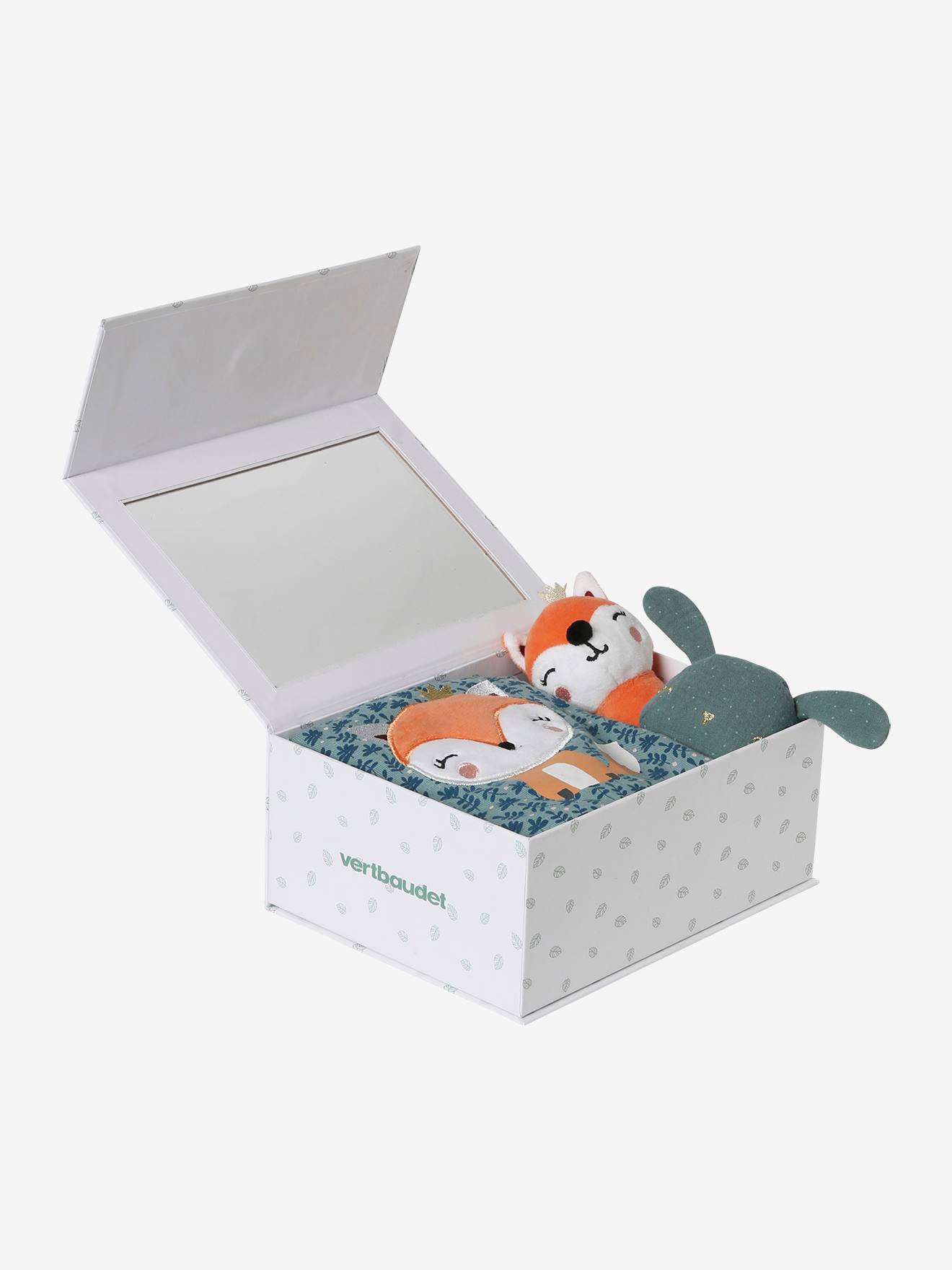 Conjunto para presente com 3 itens: pano para doudou + chocalho + livro ilustrado laranja