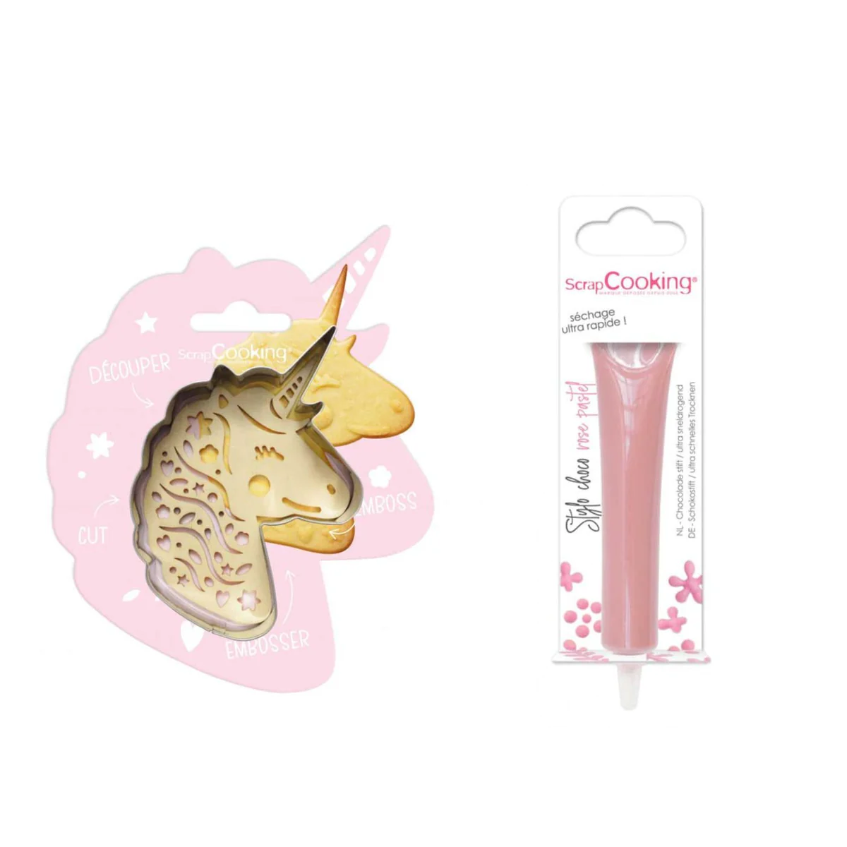 Kit pour biscuit en relief Licorne + Stylo au chocolat rose pastel Scr