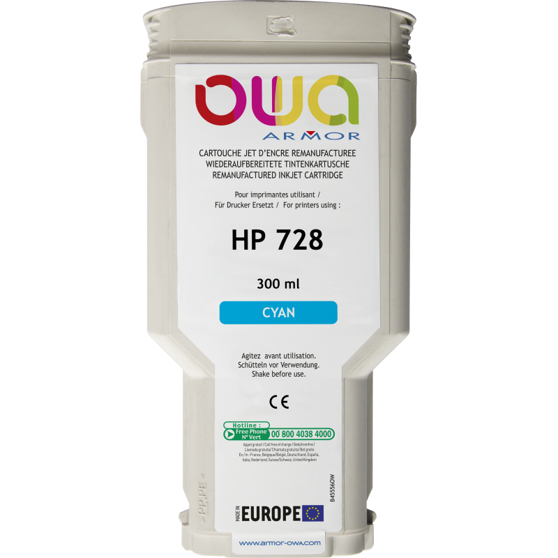 Cartouche d'encre traceur remanufacturée OWA - standard - Cyan - pour HP 728